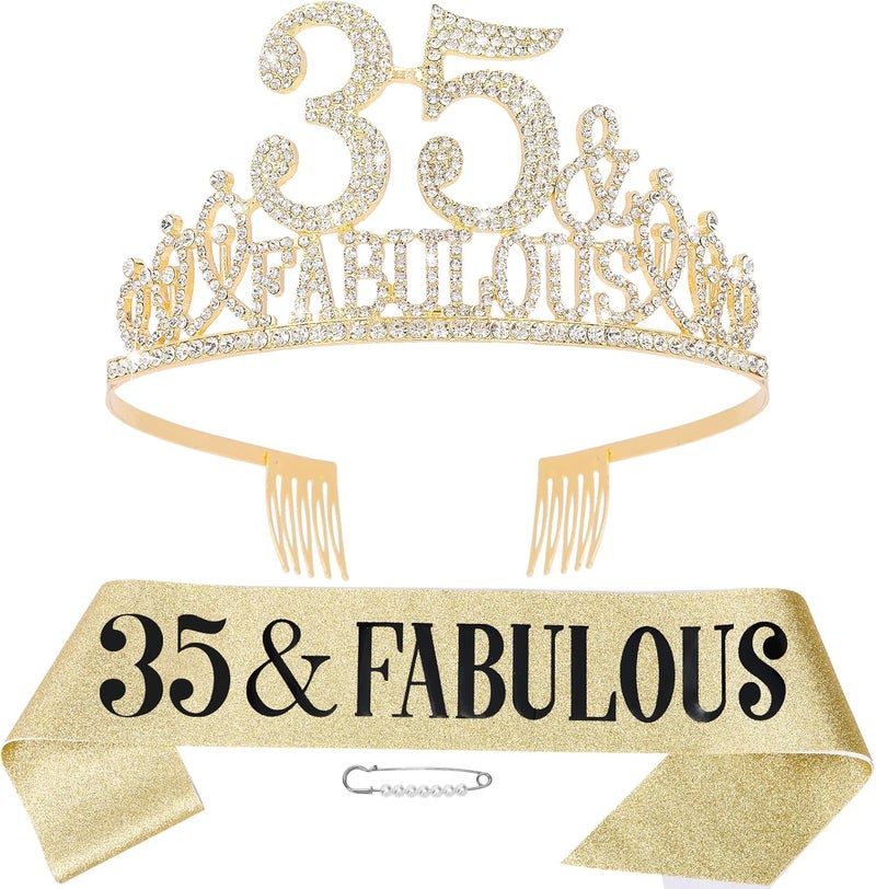 Hapdoo 35th Birthday Decorations for Women, 35th Birthday Gifts Sash and Crown for Women Set, 35 & Fabulous Party Supplies, Gold - Image 1